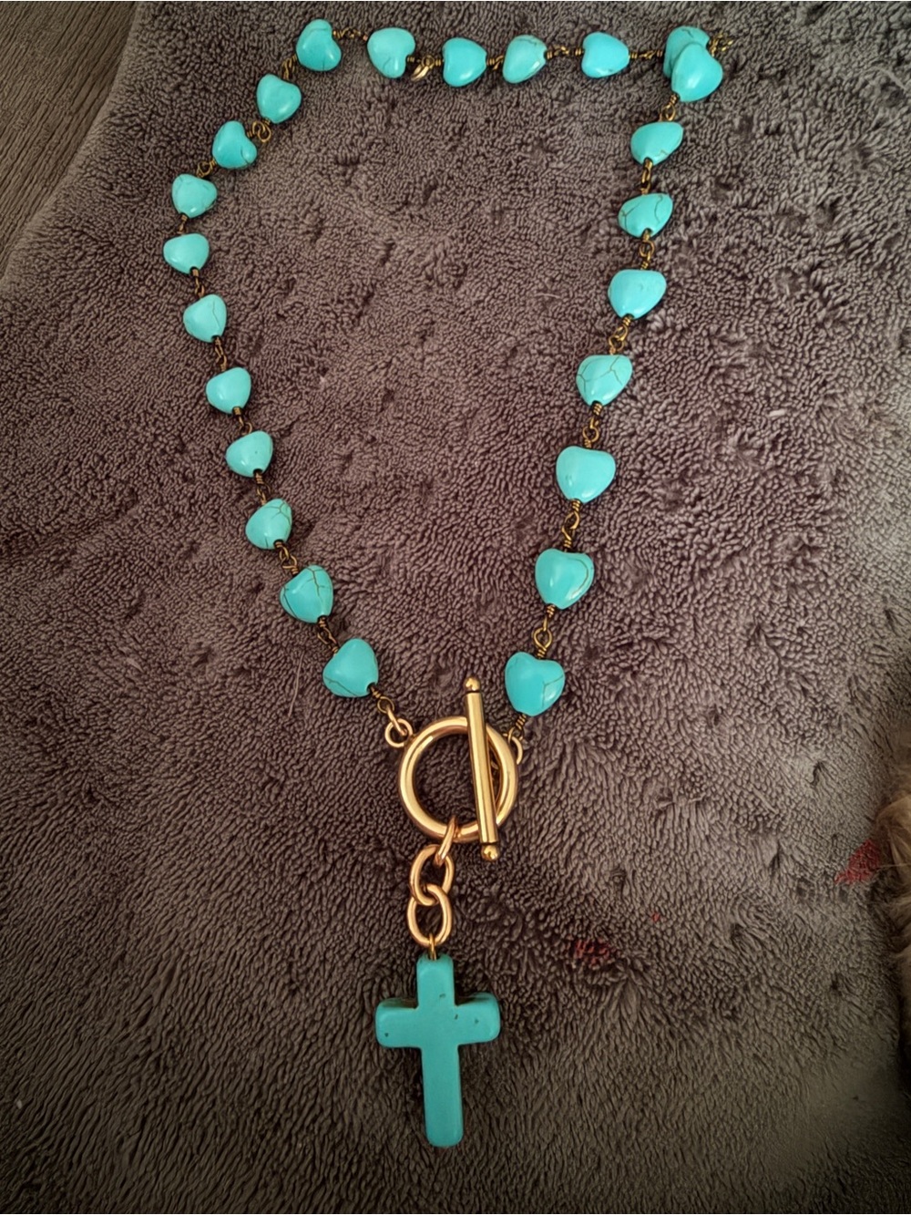 Katia Designs Turquoise Heart Bead Cross Necklace - Gold Tone